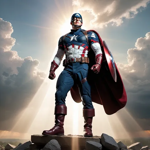 Prompt: Captain America standing over the feet and legs of Magneto, after he defeated him, with the sun behind him and sun rays shining from behind him with big cumulus clouds in the background.