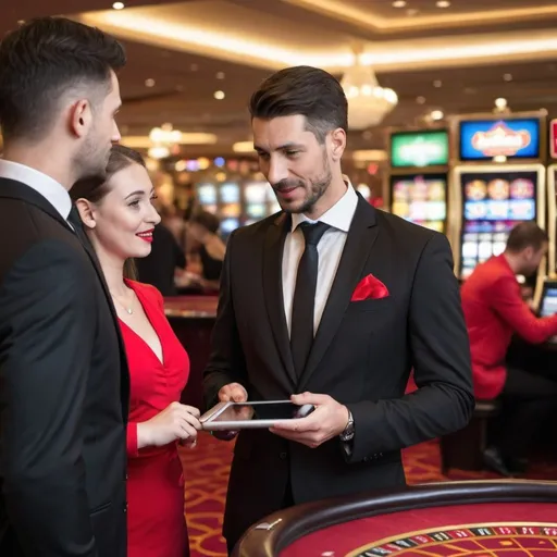 Prompt: One member of staff wearing a black suit with a name tag and holding an ipad in his hand talking to one customer who is wearing a red dress and does not have an ipad, in a casino. The customer is looking at the member of staff and they are not touching
