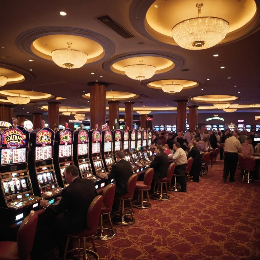 Prompt: A casino scene with customers around tables and slots machines