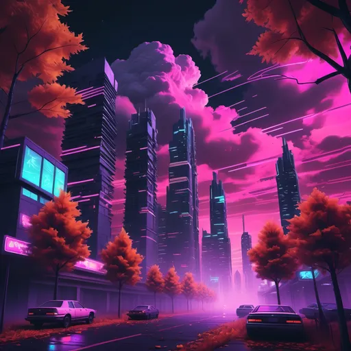 Prompt: Fall trees spooky retrowave night future city dystopian clouds