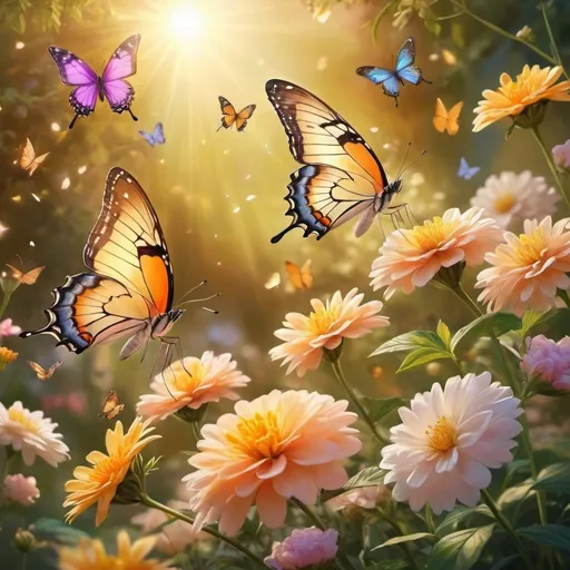 Prompt: Craleate an image from the following: bright garden where butterflies dance in the warm golden light. Gentle flower talking.the sun that gives light 