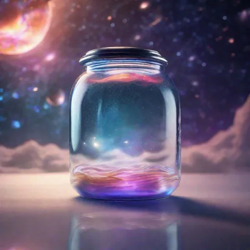 Prompt: Kombucha jar floating in space, cosmic background, glass jar with condensation, ethereal glow, high quality, surreal, cosmic, floating, detailed reflections, space, futuristic, surreal lighting