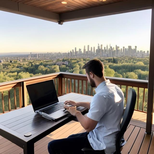 Prompt: a guy sitting at a desk working on a laptop on a beautiful deck with a view of a city 
