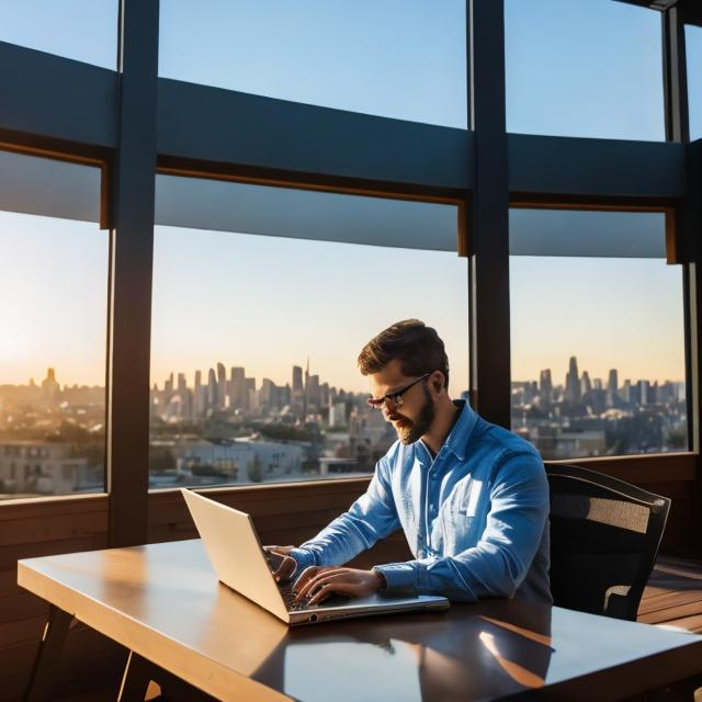 Prompt: a guy sitting at a desk working on a laptop on a beautiful deck with a view of a city 
