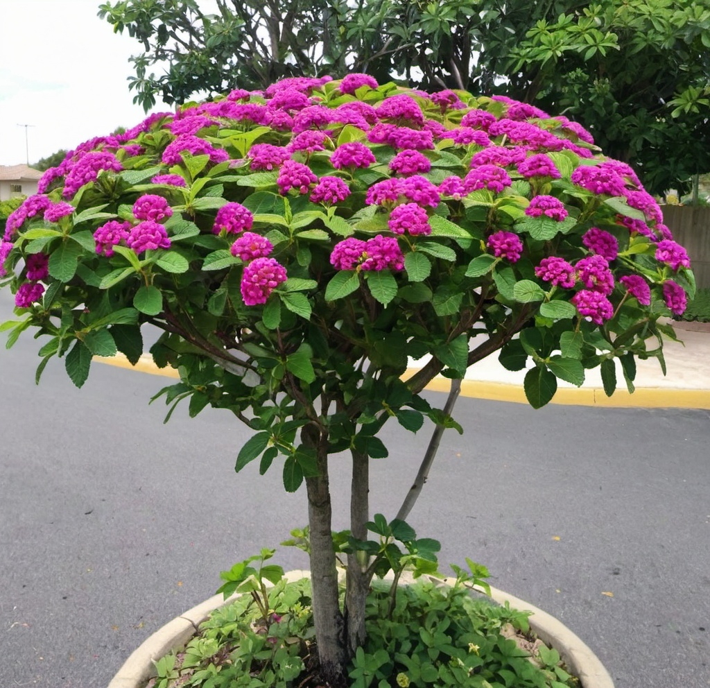 Prompt: Lantana tree with magenta coloured flowers. 