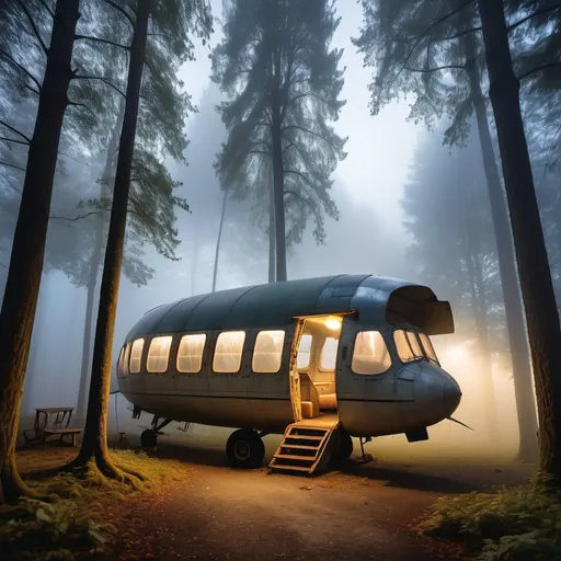 Prompt: AN OLD USED AIRPLANE CABIN WITH SHELTER IN THE FOREST, A PICTURESQUE SCENE, WITH LIGHTS ENTERING THROUGH THE TREE CANOPY AND FINE FOG AROUND