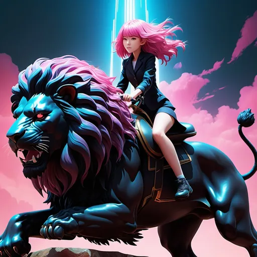 Prompt: PINK-HAIRED GIRL RIDING A GIANT BLACK LION, LIVE ACTION style, key visual, vibrant, studio anime, highly detailed, DARK FANTASY