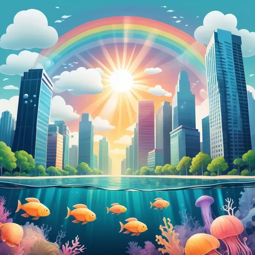 Prompt: A cityscape floating in the sky, but instead of clouds, it’s submerged in crystal-clear ocean water. Fish and sea creatures swim around skyscrapers, and giant jellyfish float where clouds should be. The sun casts a soft, rainbow-like glow through the water., vector