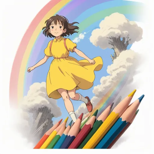 Prompt: A GIRL IN A YELLOW DRESS RUNNING ON TOP OF A PENCIL, AT THE END OF THE PENCIL THERE IS A RAINBOW
(((Ghibli style))), Spirited Away, Howl's Moving Castle, dreamy colour palette, 