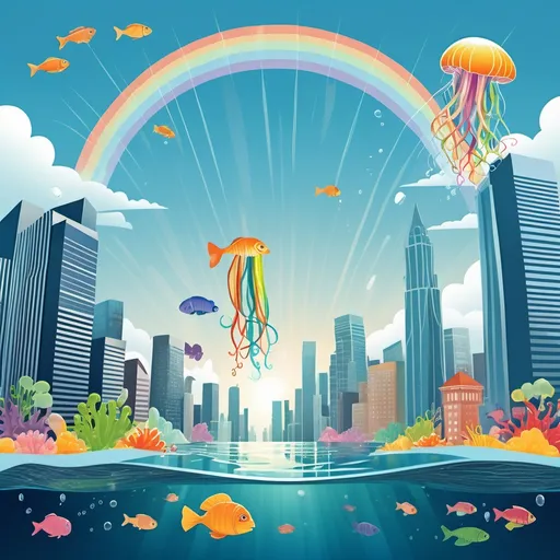 Prompt: A cityscape floating in the sky, but instead of clouds, it’s submerged in crystal-clear ocean water. Fish and sea creatures swim around skyscrapers, and giant jellyfish float where clouds should be. The sun casts a soft, rainbow-like glow through the water., vector