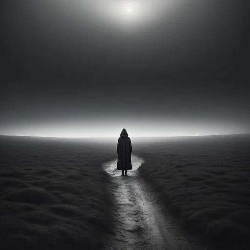 Prompt: In the depths of solitude, a lone figure stands in stark contrast to their surroundings. The human subject, their features concealed by a shadowy hood, exudes an aura of mystery and introspection. In this evocative photograph, the figure is framed by a desolate landscape, emphasizing their isolation. The image captures the subject in exquisite detail, from the fine fabric of their cloak to the subtle play of light on their face. The overall composition is both haunting and beautiful, drawing viewers into the poignant narrative of solitude and self-exploration.