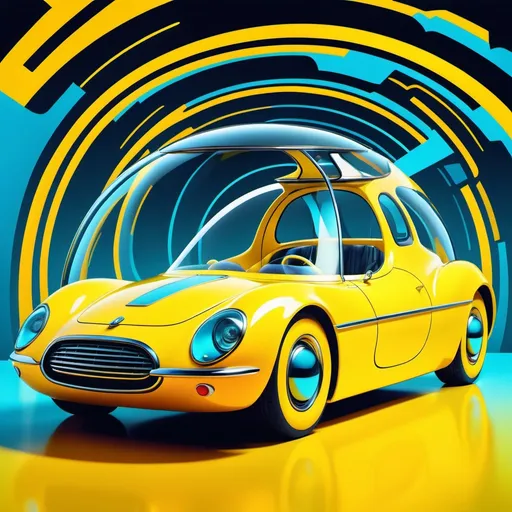 Prompt: A FUTURISTIC, YELLOW CAR WITH BOLD LINES AND A GLASS DOME ON TOP satirical, exaggerated, pop art style, vibrant colors, iconic characters, action-packed