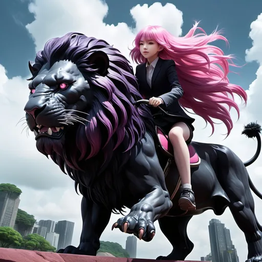 Prompt: PINK-HAIRED GIRL RIDING A GIANT BLACK LION, LIVE ACTION style, key visual, vibrant, studio anime, highly detailed, DARK FANTASY