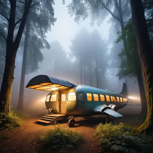 Prompt: AN OLD USED AIRPLANE CABIN WITH SHELTER IN THE FOREST, A PICTURESQUE SCENE, WITH LIGHTS ENTERING THROUGH THE TREE CANOPY AND FINE FOG AROUND