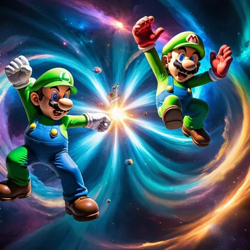 Prompt: luigi fights mario in cosmic style