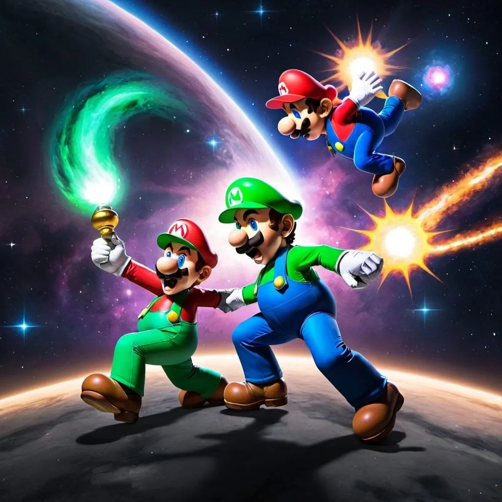 Prompt: luigi fights mario in cosmic style