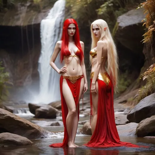 Prompt: goddess and succubus without saree at the waterfall. skinny, long transparent hair and super long torso. Slim waist. red and gold