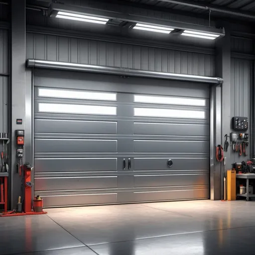 Prompt: Front view of a half-opened garage door to an auto workshop, industrial metal facade, tools and equipment visible inside, futuristic lighting, realistic details, high quality, industrial, workshop, tools and equipment, futuristic lighting