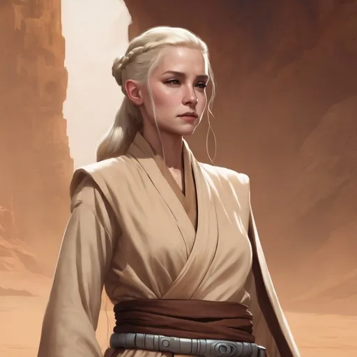 Prompt: a petite female jedi with platinum long blond hair that is in a long braid down her back, she is wearing tan robes