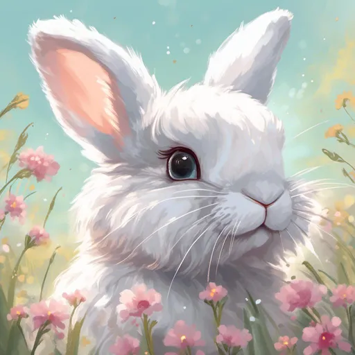 Prompt: <mymodel>High-quality, realistic digital illustration of a cute bunny, fluffy fur with soft pastel tones, adorable expression with bright sparkling eyes, vibrant springtime meadow background, detailed whiskers and twitching nose, professional, detailed, digital painting, pastel tones, vibrant lighting, adorable, realistic, meadow, springtime, cute expression