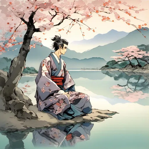 Prompt: <mymodel>Traditional Japanese man sitting near a serene lake, traditional Japanese clothing, cherry blossom trees in the background, tranquil atmosphere, high quality, traditional art style, peaceful color tones, soft natural lighting, detailed kimono, serene expression