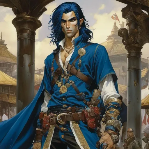 Prompt: Male Elf with snow white skin and shoulder length deep Blue Hair, vibrant Gold colored scars on face, Badass, wearing blue clothes with gold adornments, long sleave pants, subtly intimidating vibe, in <mymodel> DND realistic artstyle 