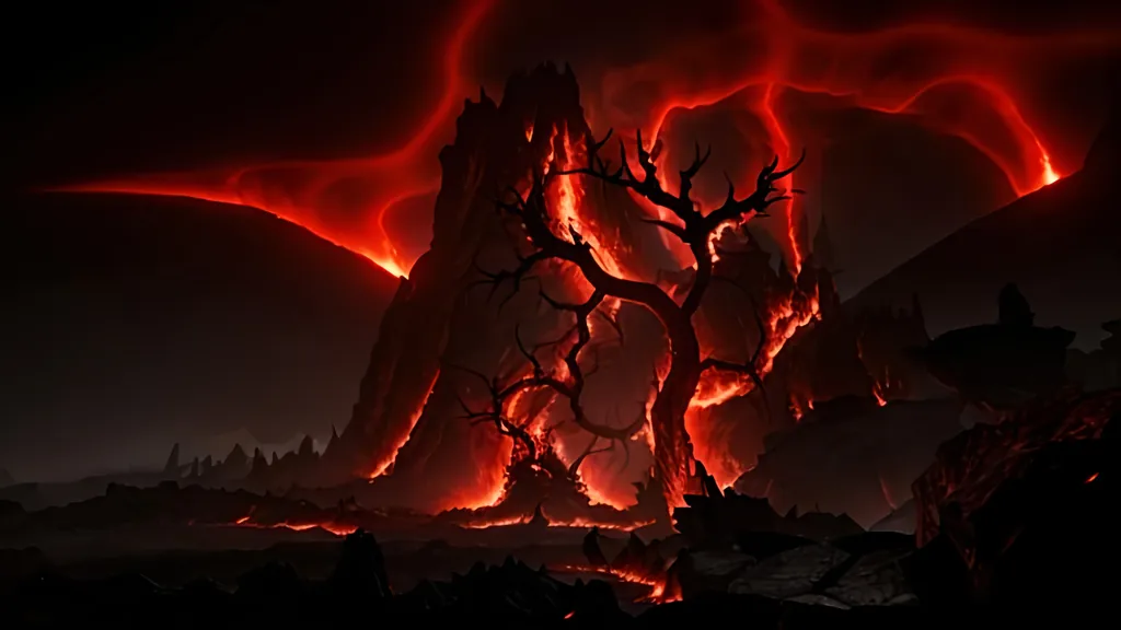 Prompt: Demonic hell-scape, Fire, magma, Red to Dark grey gradient colour scheme