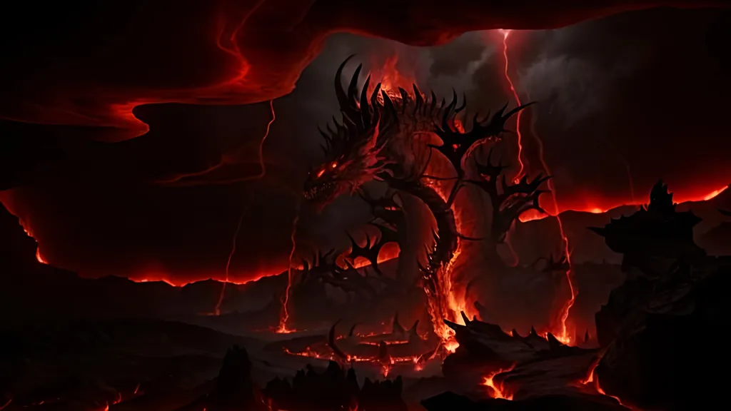 Prompt: Demonic hell-scape, Fire, magma, Distant Dragons, Red to Dark grey gradient colour scheme