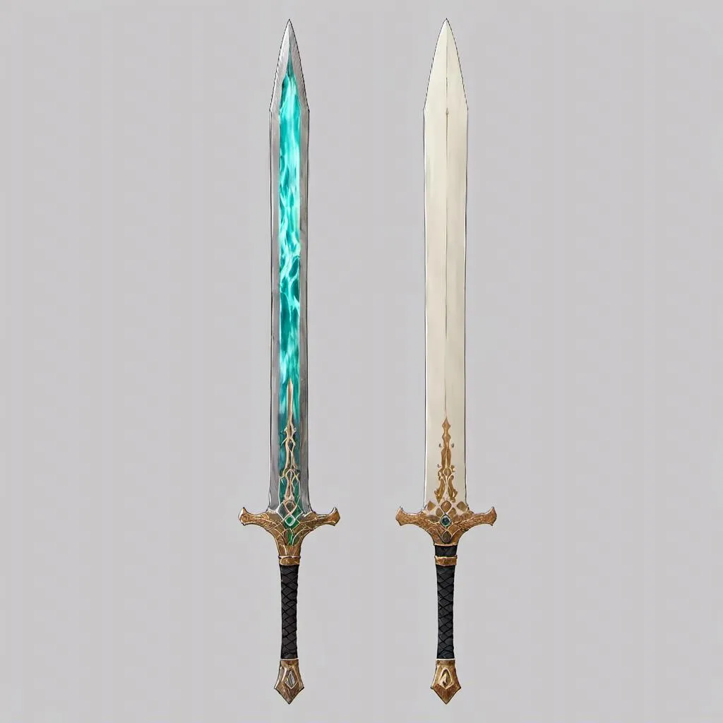 Prompt: <mymodel>, an elven royal sword, gold, Ivory, light blue magic glowing particles, complex blade, high detail, focus on blade