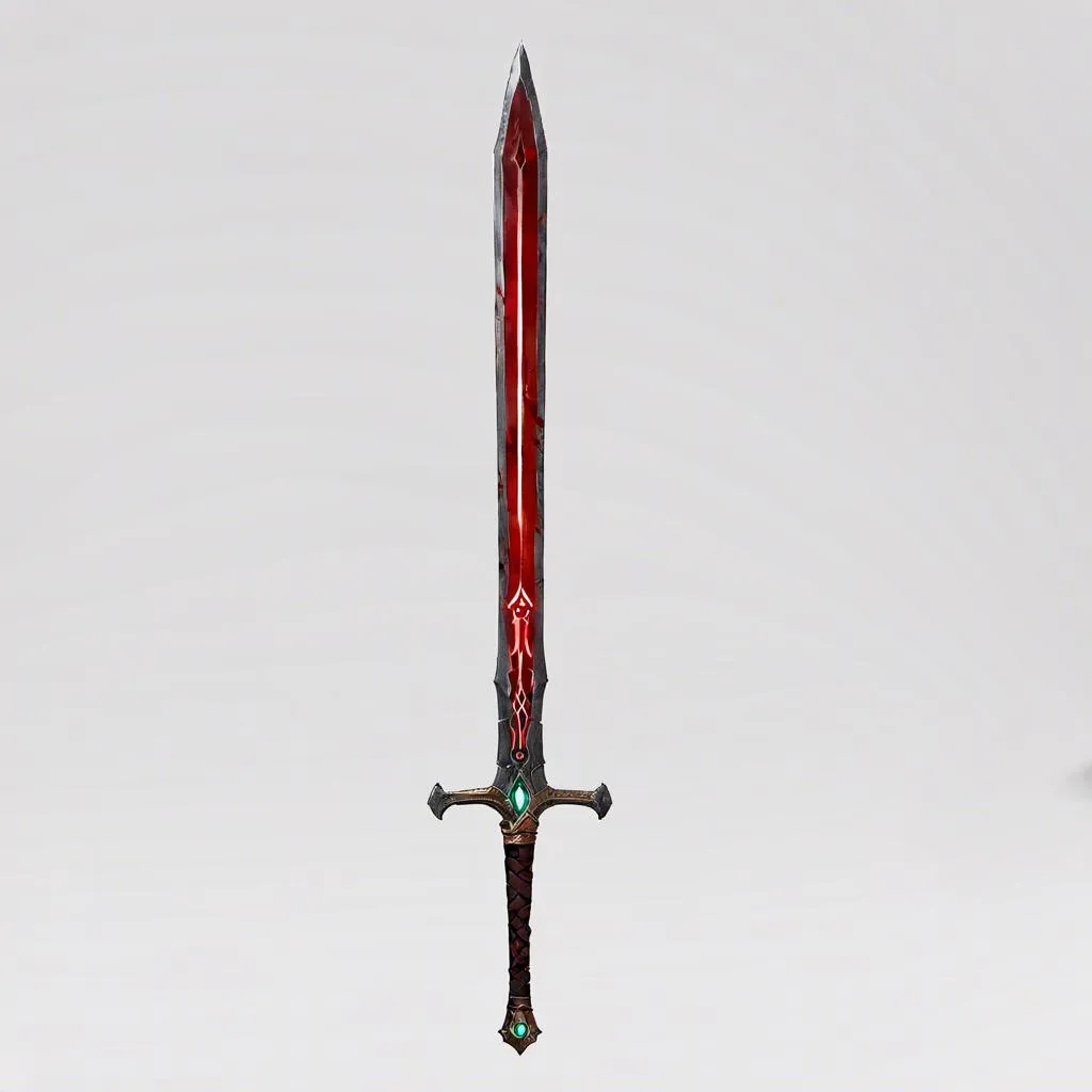 Prompt: concept art of <mymodel> a sword that has a Dark steel Long Blade and a long Dark Wood Handle, Glowing Red Runes running down the center of the  the Blade