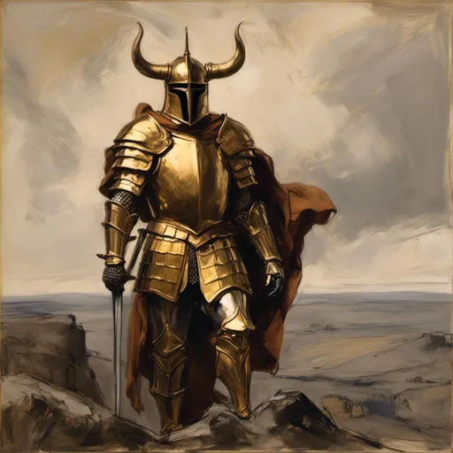 Prompt: <mymodel>Photorealistic, A Fantasy Large knight figure with two large protruding horns from his helmet, face not visible, His armour is made from elegantly carved Gold save for A Orange Gemstone which has a slot in the middle of the armour. His sword as well is made of gold with a wrapped leather handle, Evil, Intimidating, strong, named "Eldlitch The Golden Lord", in the style of Norse Vikings