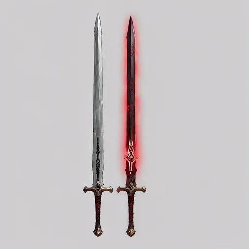 Prompt: concept art of <mymodel> a sword that has a Dark steel Long Blade and a long Dark Wood Handle, Glowing Red Runes running down the center of the  the Blade