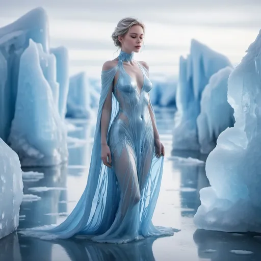 Prompt: (Blue ice), a serene woman standing gracefully on a stunning expanse of glistening blue ice, surrounded by reflective ice formations, ethereal atmosphere, soft glacial light illuminating her figure, cool color palette, tranquil ambiance, emphasizing delicate features and elegant attire, (ultra-detailed), evoking a sense of calm and beauty in this frozen wonderland.with no cloth,