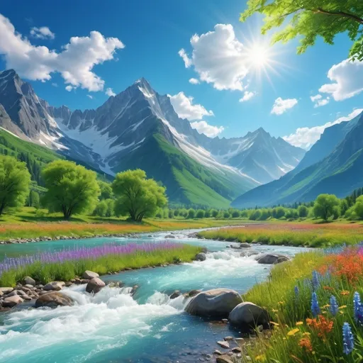 Prompt: (vibrant nature scene), lush greenery, majestic mountains in the background, sparkling blue river flowing through the landscape, colorful wildflowers dotted throughout, (crisp blue sky with billowing white clouds), serene atmosphere, sunlight filtering through the leaves, ultra-detailed, high quality, breathtaking beauty of the natural world, (4K resolution), perfect for nature lovers, inviting and peaceful ambiance.