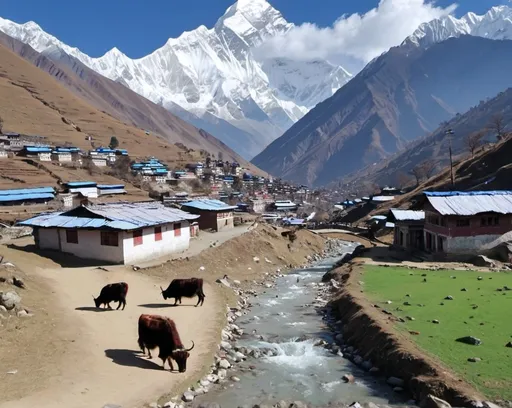 Prompt: Small village in nepal situated in a hill, himalayan snow clad mountains in the background, prayer flags, greenery,small bridge on the small stream, yaks grazing in grass