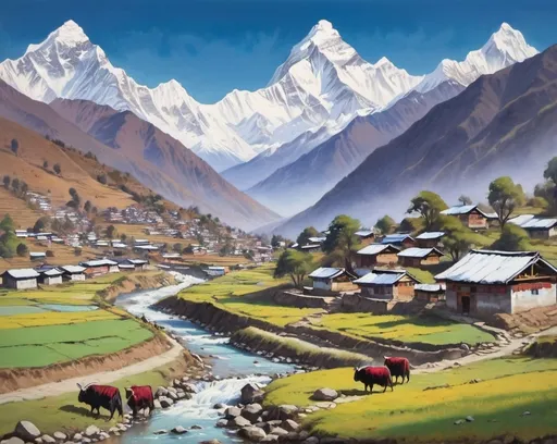 Prompt: Small village in nepal situated in a hill, himalayan snow clad mountains in the background, prayer flags, greenery,small bridge on the small stream, yaks grazing in grass painting