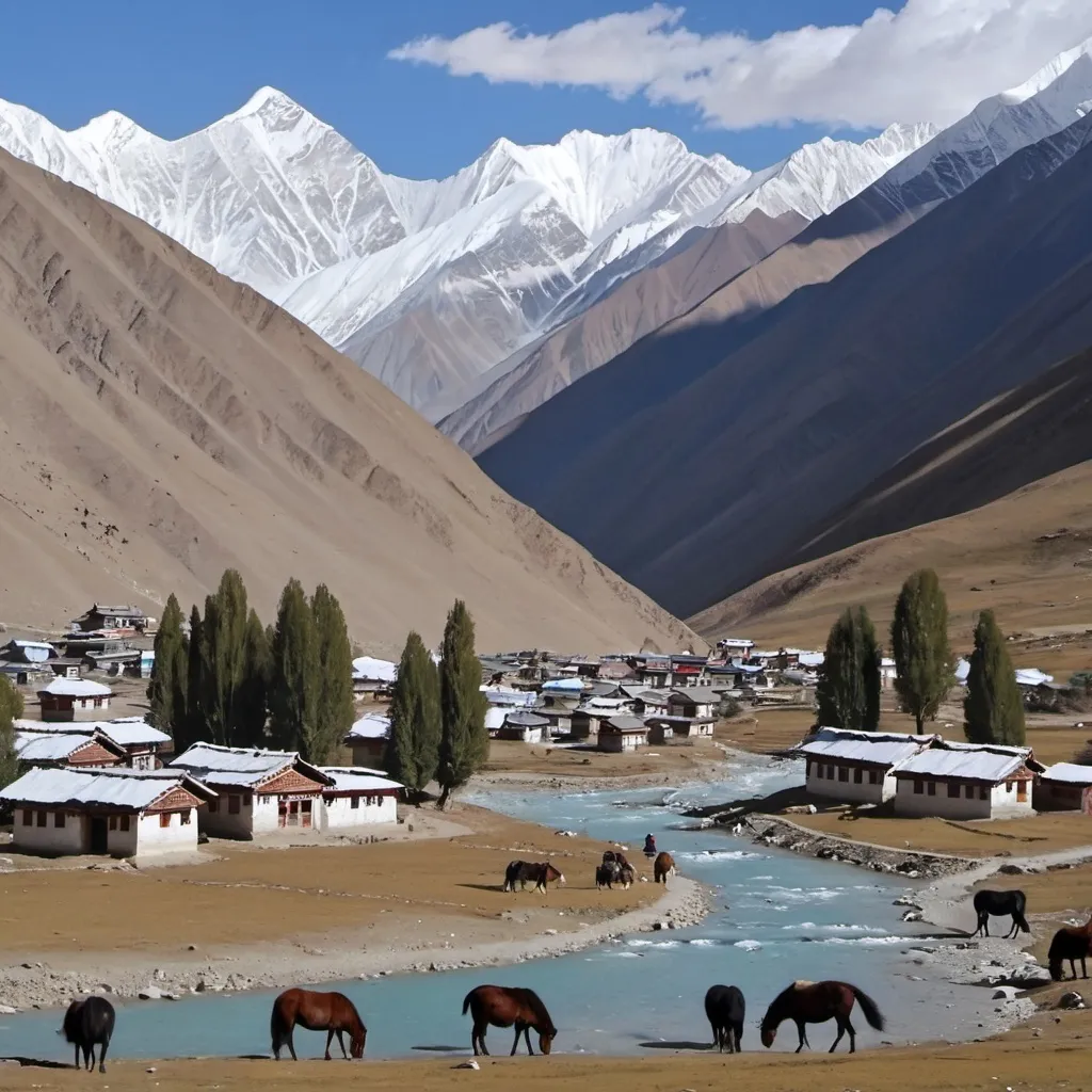 Prompt: Himalayan small village with snow clad mountains in the background, ladakhi flags , pine trees, a small water stream, horses and yaks are grazing in the meadows