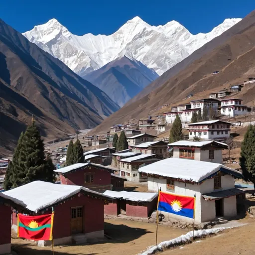 Prompt: Himalayan small village with snow clad mountains in the background, tibetan flags , pine trees