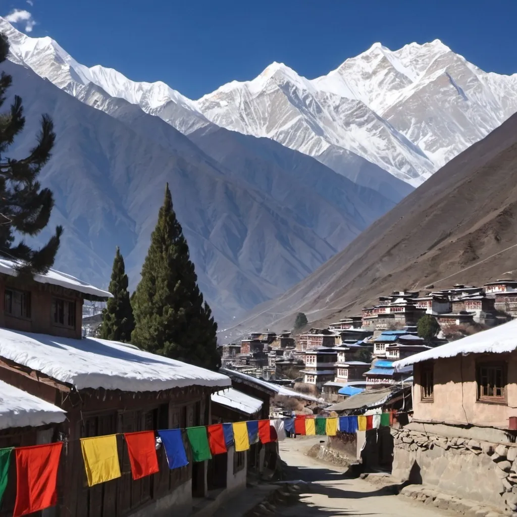 Prompt: Himalayan small village with snow clad mountains in the background, tibetan flags , pine trees