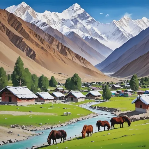 Prompt: Nepal small village with snow clad mountains in the background, ladakh flags , pine trees, horses and yaks grazing in green meadows, small water streams, greenery painting