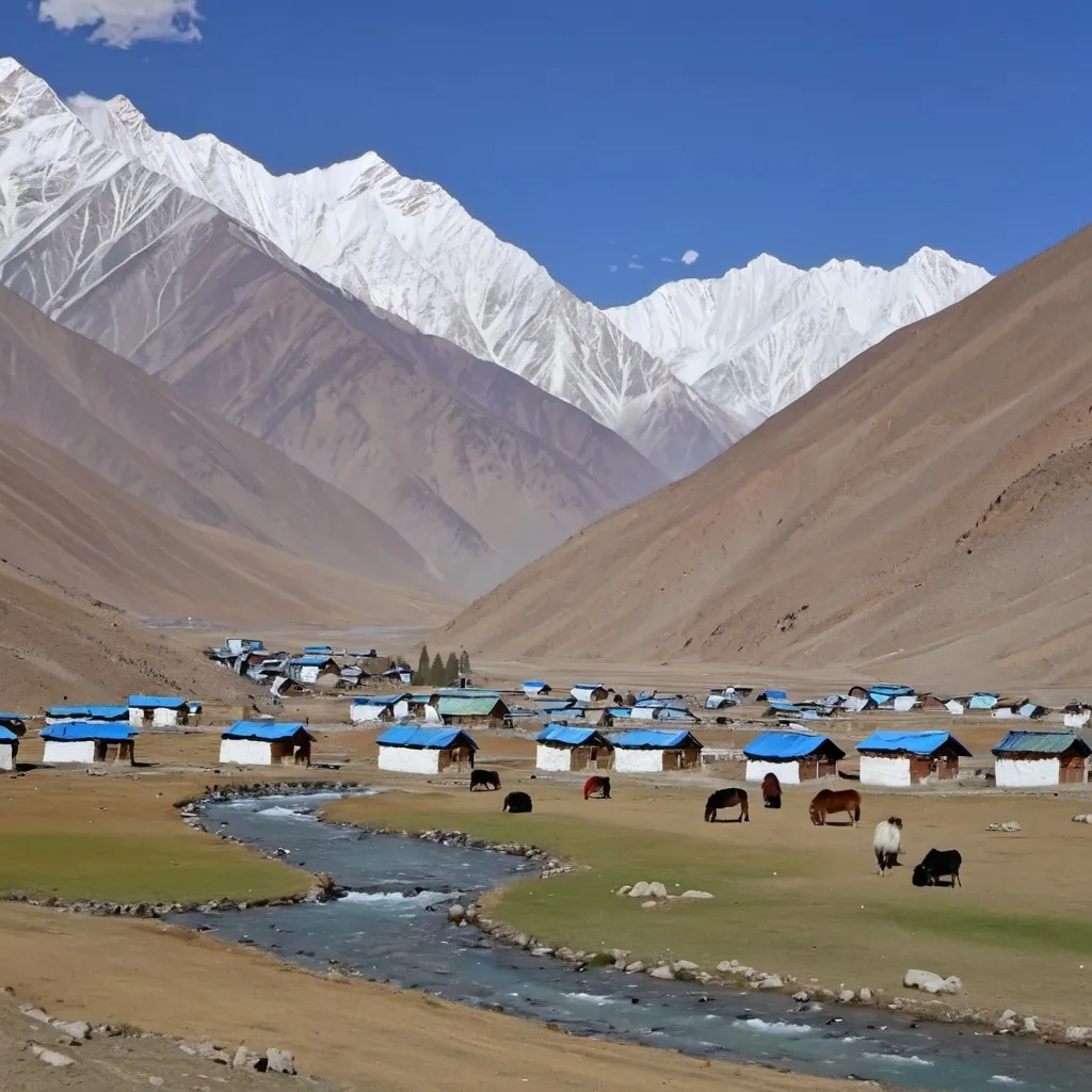 Prompt: Himalayan small village with snow clad mountains in the background, ladakhi flags , pine trees, a small water stream, horses and yaks are grazing in the meadows