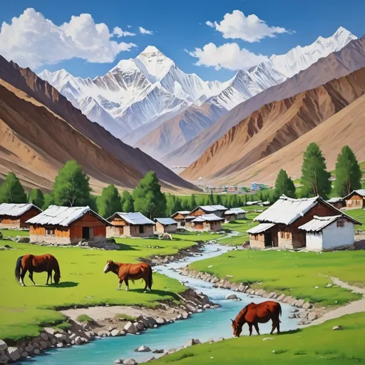 Prompt: Nepal small village with snow clad mountains in the background, ladakh flags , pine trees, horses and yaks grazing in green meadows, small water streams, greenery painting