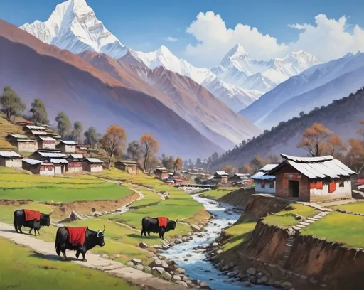 Prompt: Small village in nepal situated in a hill, himalayan snow clad mountains in the background, prayer flags, greenery,small bridge on the small stream, yaks grazing in grass painting