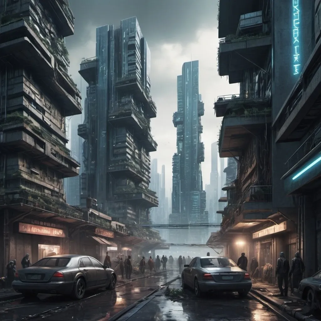 Prompt: dystopian cyber city with clear distinction between the rich and poor