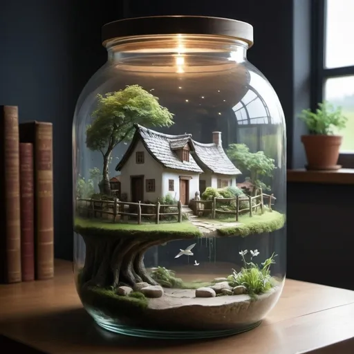 Prompt: A peaceful village scene inside a giant, clear jar: This emphasizes the containment of an otherwise perfect and serene environment.