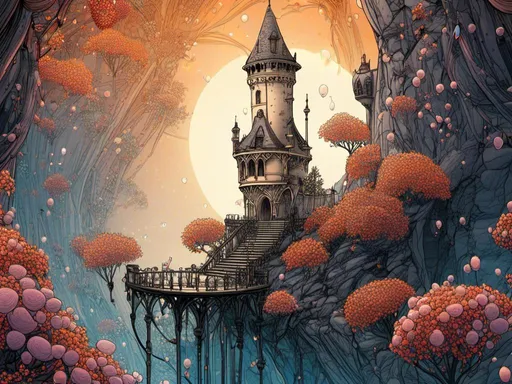 Prompt: <mymodel>2D illustration of Rapunzel's tower, detailed, fairy tale, fantasy, intricate architecture, whimsical, high quality, colorful, vibrant lighting, fantasy, detailed landscape, magical atmosphere