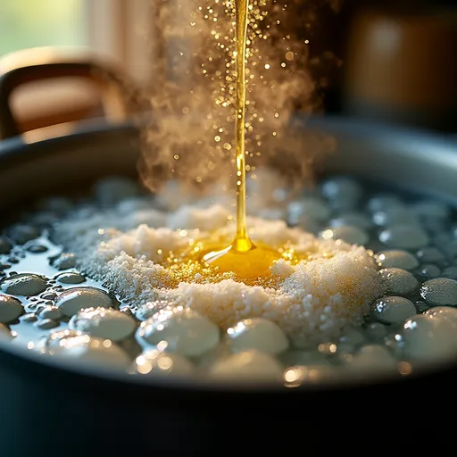 Prompt: Show  a pot of water broiling on the stovetop with a sprinkle of salt and a tablespoon of oil. Style . Close up and detail