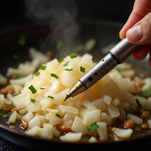 Prompt: Show better melting in a pen . with garlic past and chopped onion being sauteed .style close up and aromatic