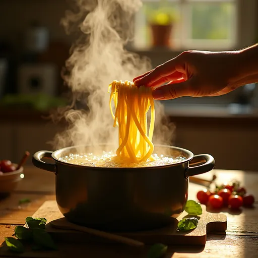 Prompt: Depict pasta being added to the billing water with a gentle stire to prevent sticking.style .soft focus and dynamic 
