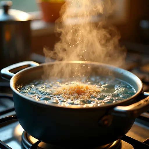 Prompt: Show  a pot of water broiling on the stovetop with a sprinkle of salt and a tablespoon of oil. Style . Close up and detail